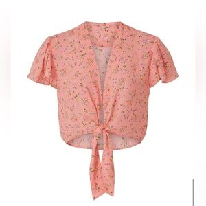 Color Me Courtney Ellie Top Cropped Pink Floral Tie Front Blouse Women’s Size 6